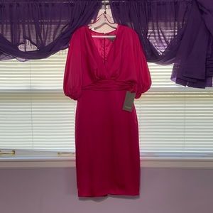 Pink satin midi dress with short sleeves. Never worn. Theia.